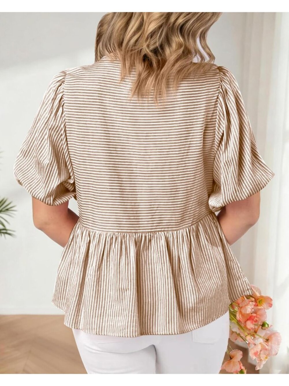 Women's Summer Tops Brown Lantern Short Sleeve V Neck Button Peplum Shirts - Picture 5 of 6
